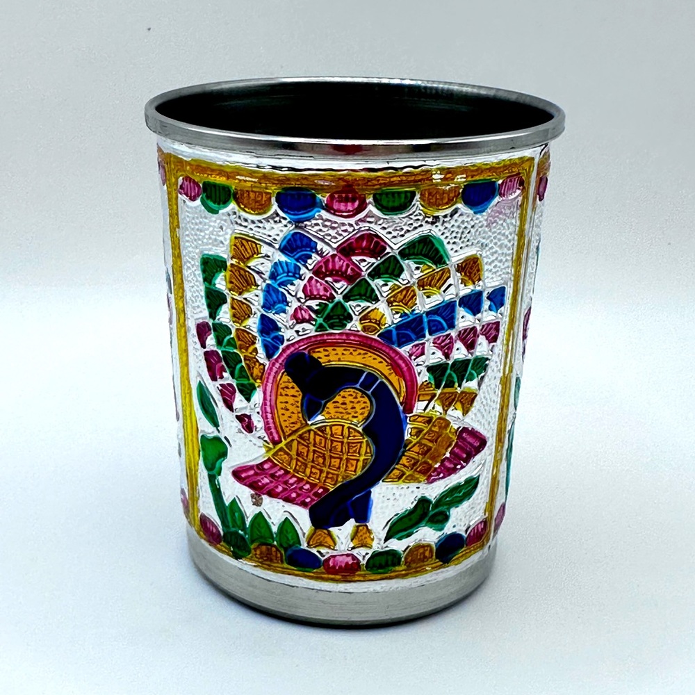 Stainless Steel Meenakari Peacock Design Decorative Glass Tumbler Cup 3.5” Tall